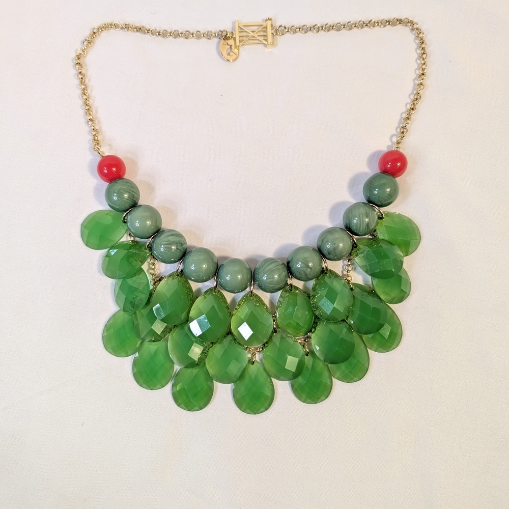 Joules Chunky Statement Necklace Shimmery Green with Red accents for Spring